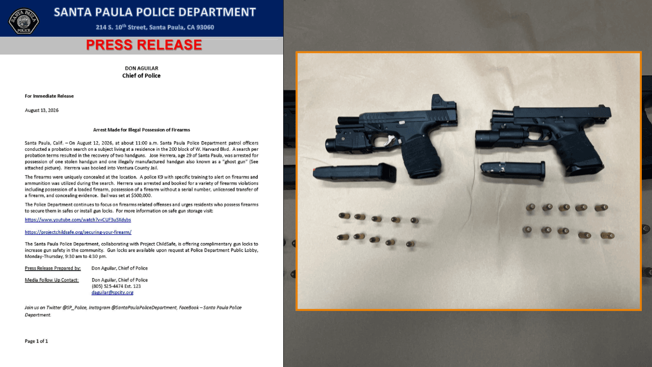 Trained Police K9 Uncovers Hidden Ghost Gun and Stolen Pistol in Santa Paula Probation Search
