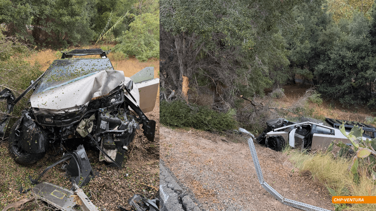 Tesla Cybertruck Crashes Down Ravine Off Wet Highway 33 in Ventura; Driver Safely Extricated