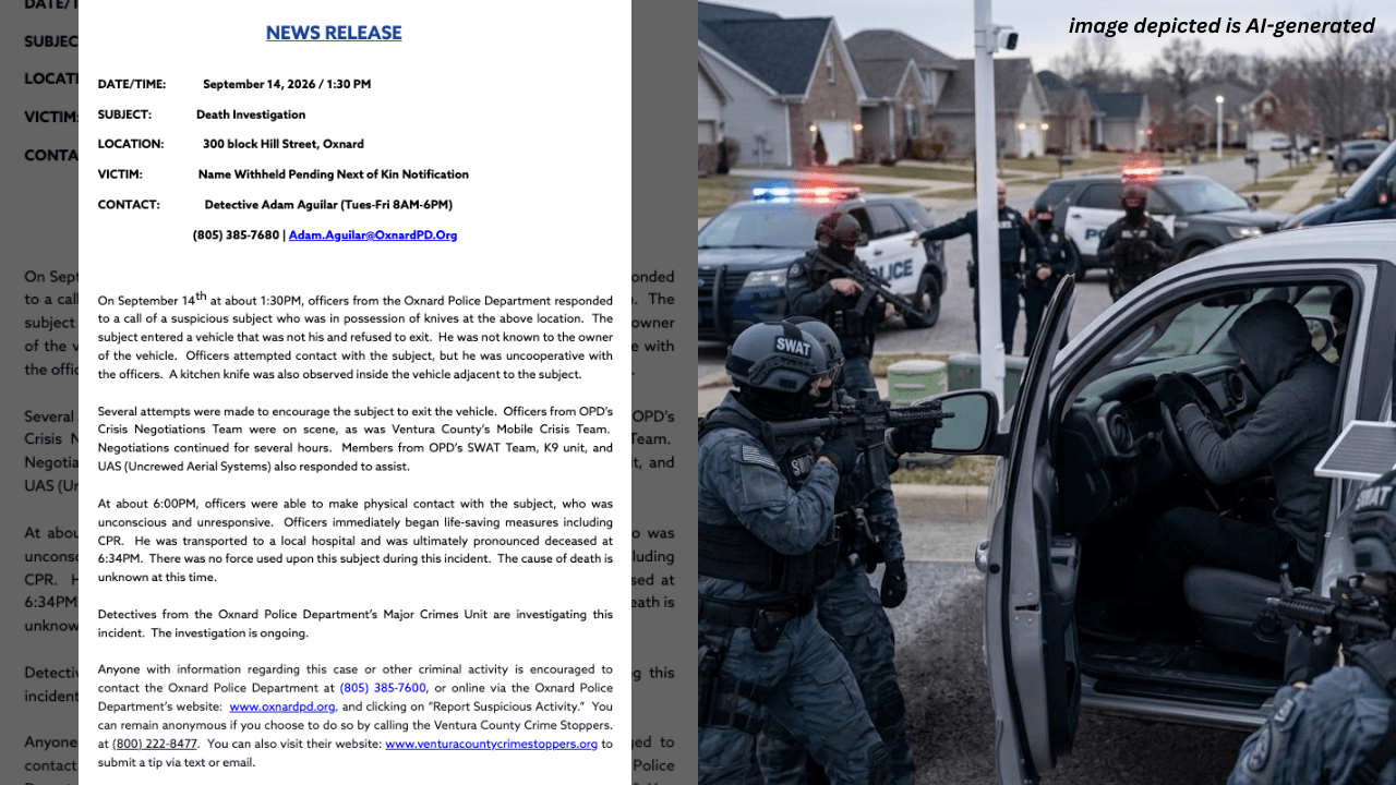 Oxnard Police Major Crimes Unit Investigates Death of Man Found Unresponsive Following Hours-Long Standoff in Vehicle